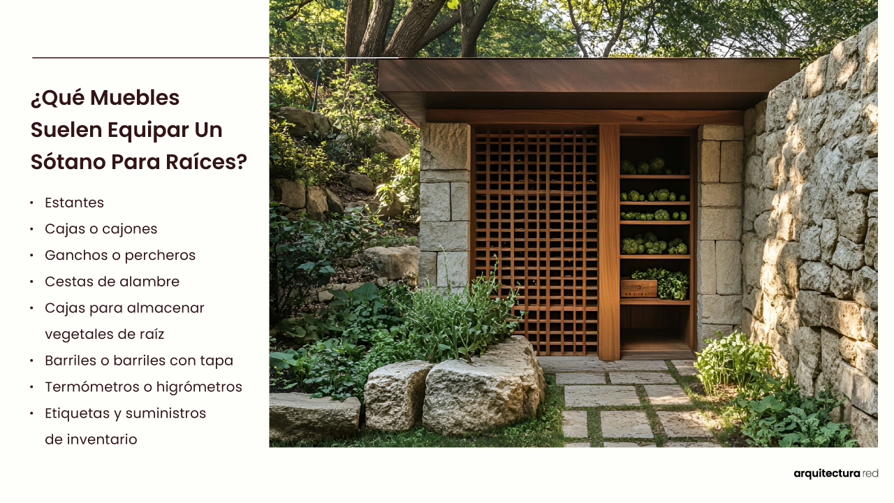 ¿Qué mobiliario equipa comúnmente una bodega de raíces?